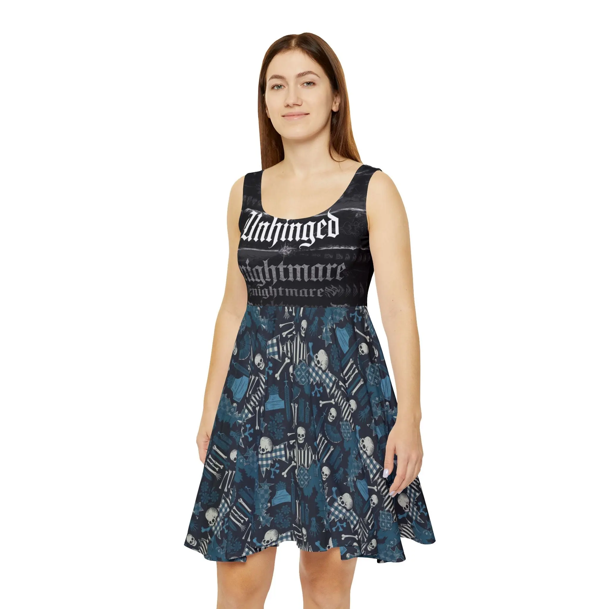 Women's Gothic Stretchy Sleeveless Skater Dress - Casual Wear, Dark Aesthetic Bull Skull Graphic Print, Polyester Spandex Stretchy Fabric, Medium-Heavy Fabric, Asymmetrical Mid-Length Skirt