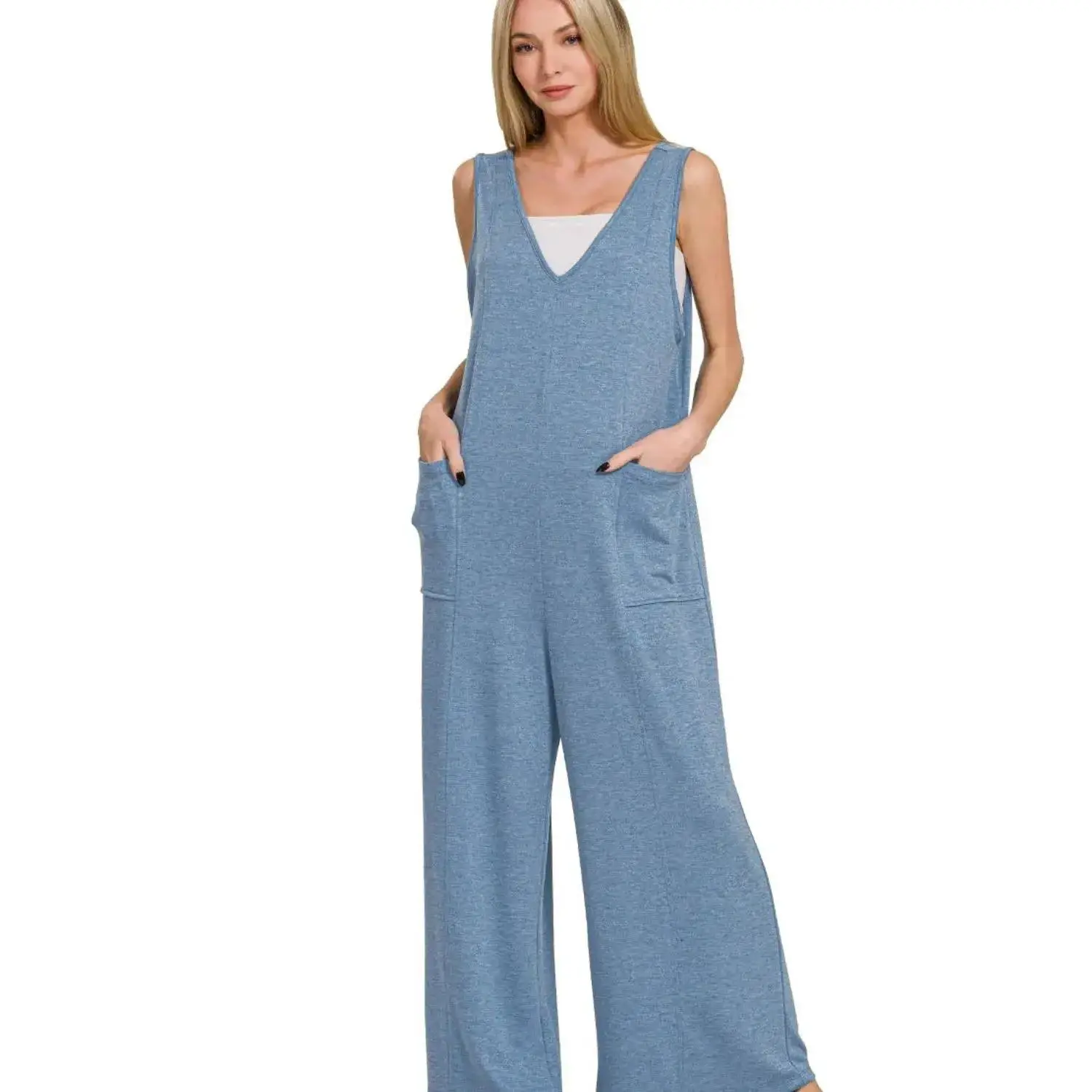 Zenana French Terry Deep V Neck Jumpsuits