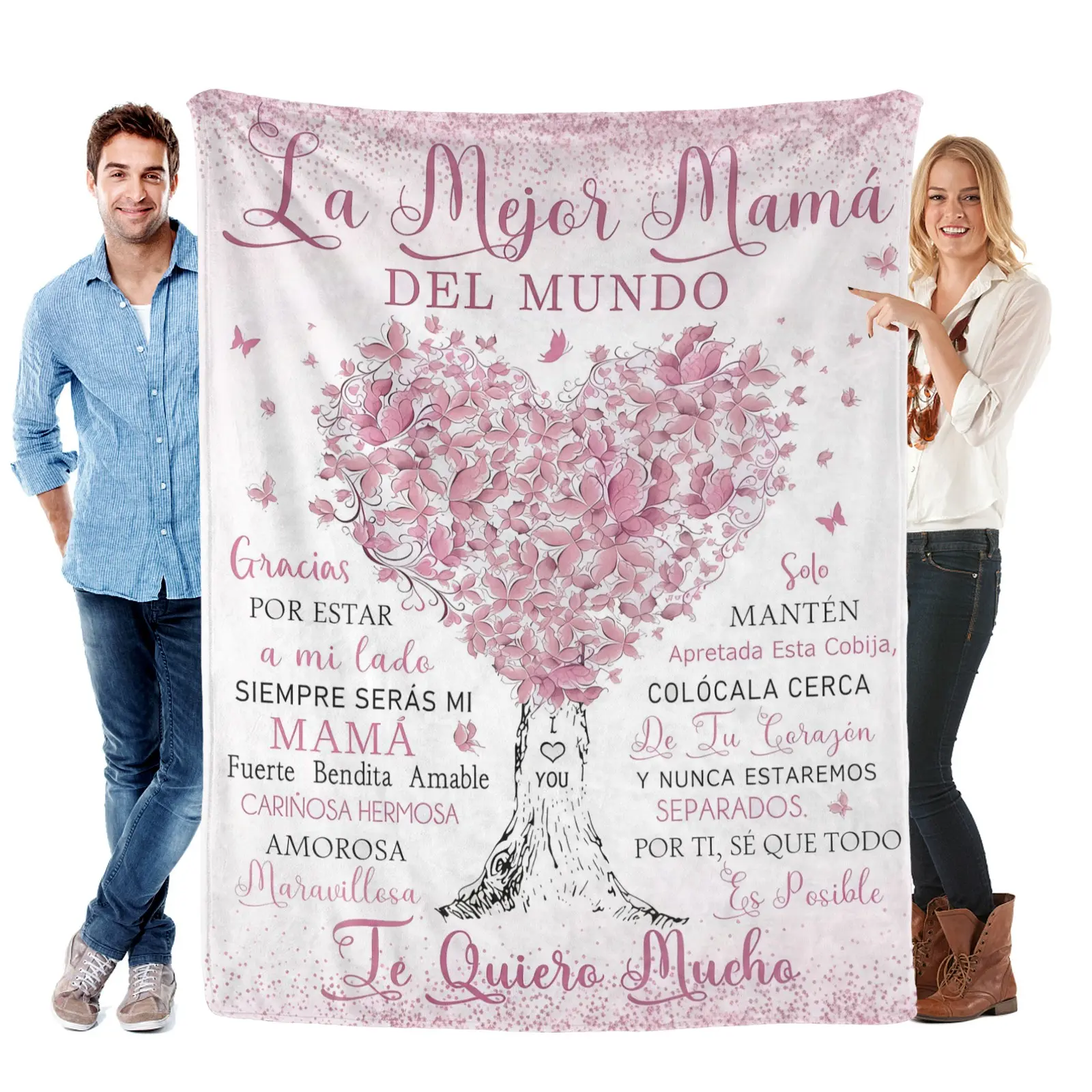 La Mejor Mamá Del Mundo Flannel Blanket Soft Cozy Spanish Language Gift Throw with Heartfelt Love Messages Pink Butterfly Tree Design Perfect for Gifting to Your Mom, Mothers Blanket, Personalized Flannel Blanket