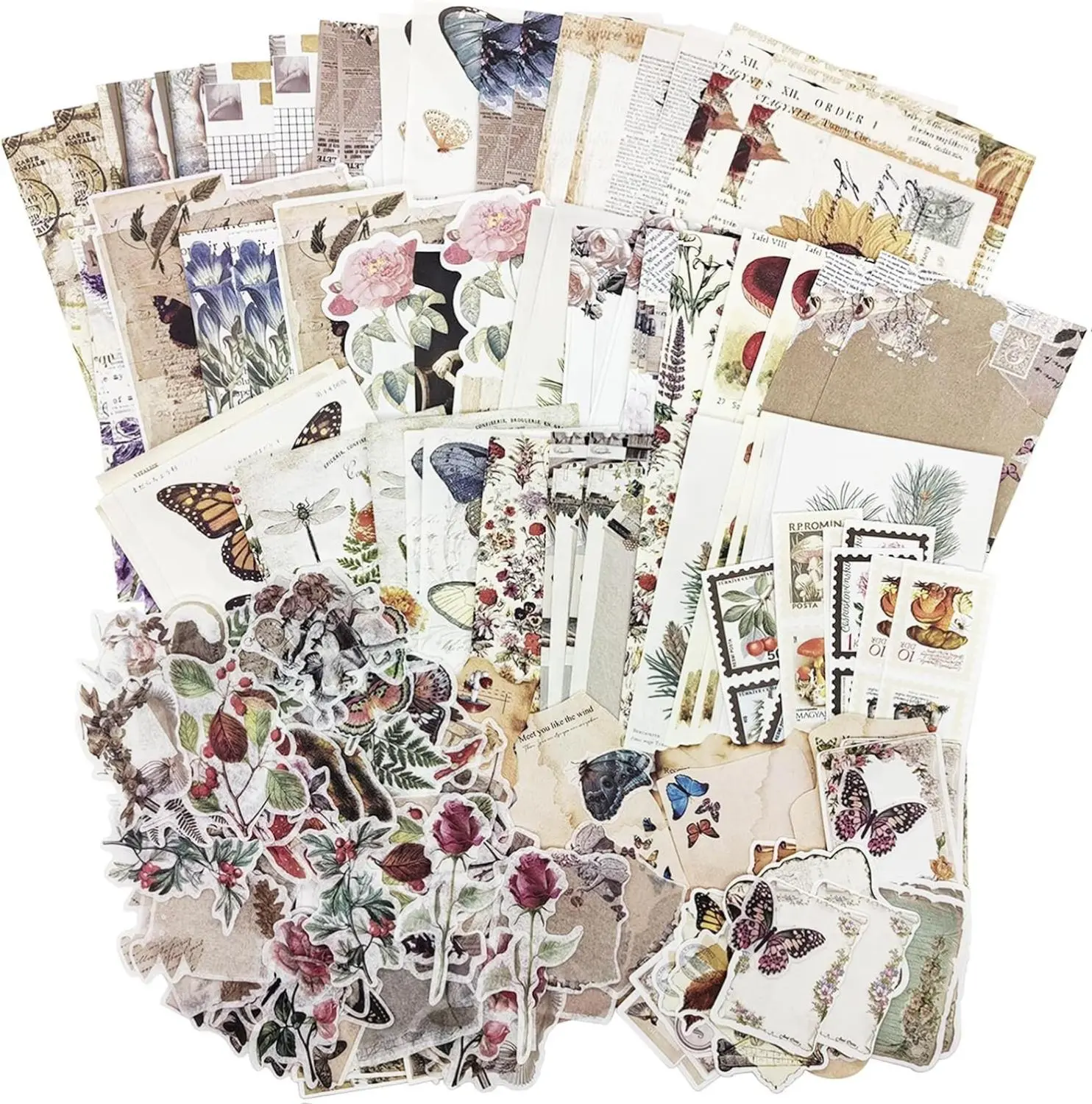 200-Piece Vintage Scrapbooking DIY Accessories Kit - Assorted Floral Nature-Themed Craft Paper, Washi Stickers, Junk Journaling & Collage Wall Art Scrapbook Materials for Room Decor
