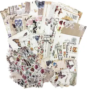 Vintage 200PCS Scrapbooking Supplies Kit, Mixed Natural Color Paper & Sticker Pack with Sticker Book for Journaling, Collage Wall Art