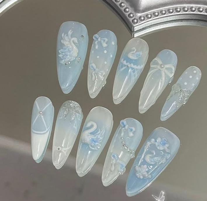 Blue Swan Press On Nails Long Stiletto/3D Bow & Ballet Swan Nails/Pearl Pastel Accent/Kawaii Elegant Handmade Nail Set Damontaerichmondnails