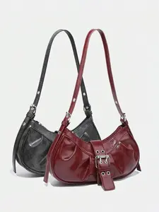 CYX Vintage Fashion Pleated Shoulder Bag, Y2K Style Underarm Bag, Simple Solid Color Crescent Bag, Trendy Women's Handbag, Hobo Crossbody Bags