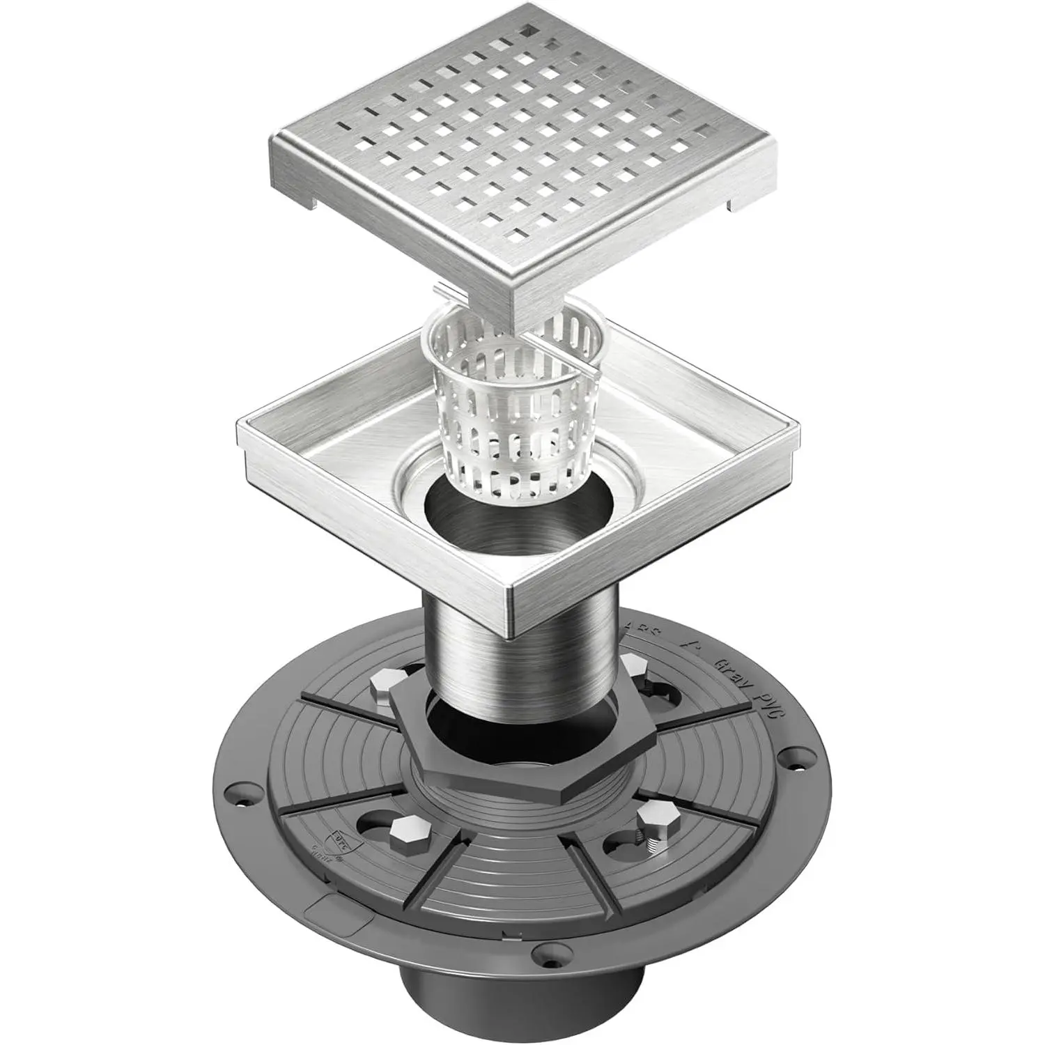 4-Inch Square Shower Drain with Removable Quadrato  Grate, PVC Shower Drain Base and Rubber Gasket for Bathroom Floor Drain, Brushed 304 Stainless Steel, Includes Hair Strainer