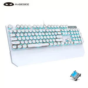 MageGee Typewriter Mechanical Gaming Keyboard, Retro Punk White Round Keycaps, 104 Keys LED Blue Backlit Wired Keyboards for Laptop MAC PC Gamer, with Magnetic Wrist Rest, Blue Switch