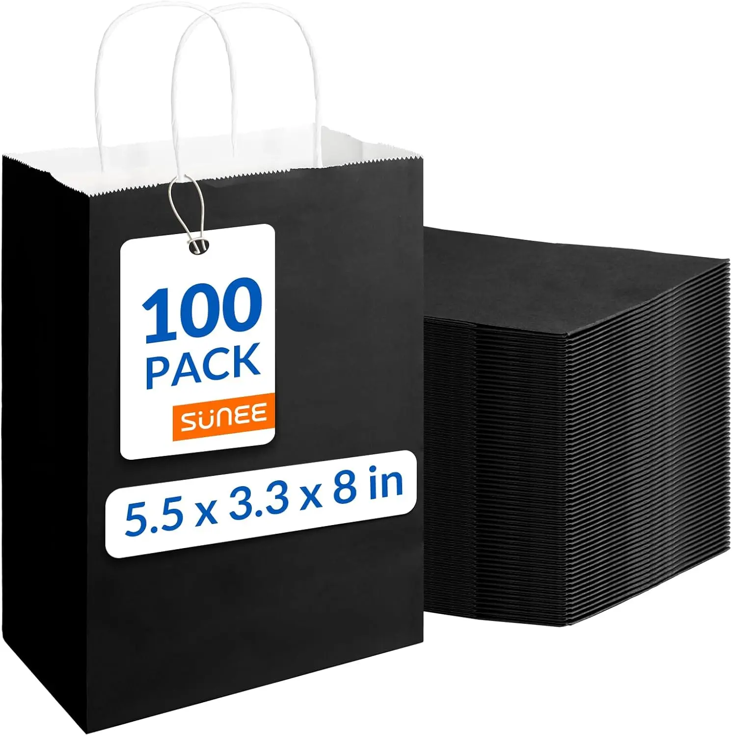 SUNEE 100 Pcs Reusable Black Kraft Paper Gift Bags with Handles, 5.5x3.3x8in Small Gift Wrapping Supplies Bulk for Small Business, Wedding Party Favor, Paper Bag