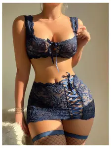 5 Piece Lace Up Babydoll Lingerie Skirts Sets Sheer Bra and Panty Sets with Fishnet Stockings