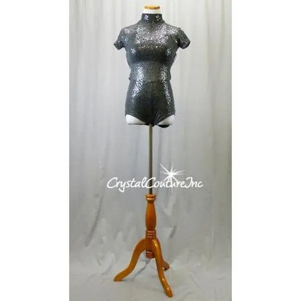 Gray/Graphite Sequin Leotard with Black Top and trunks - Swarovski Rhinestones