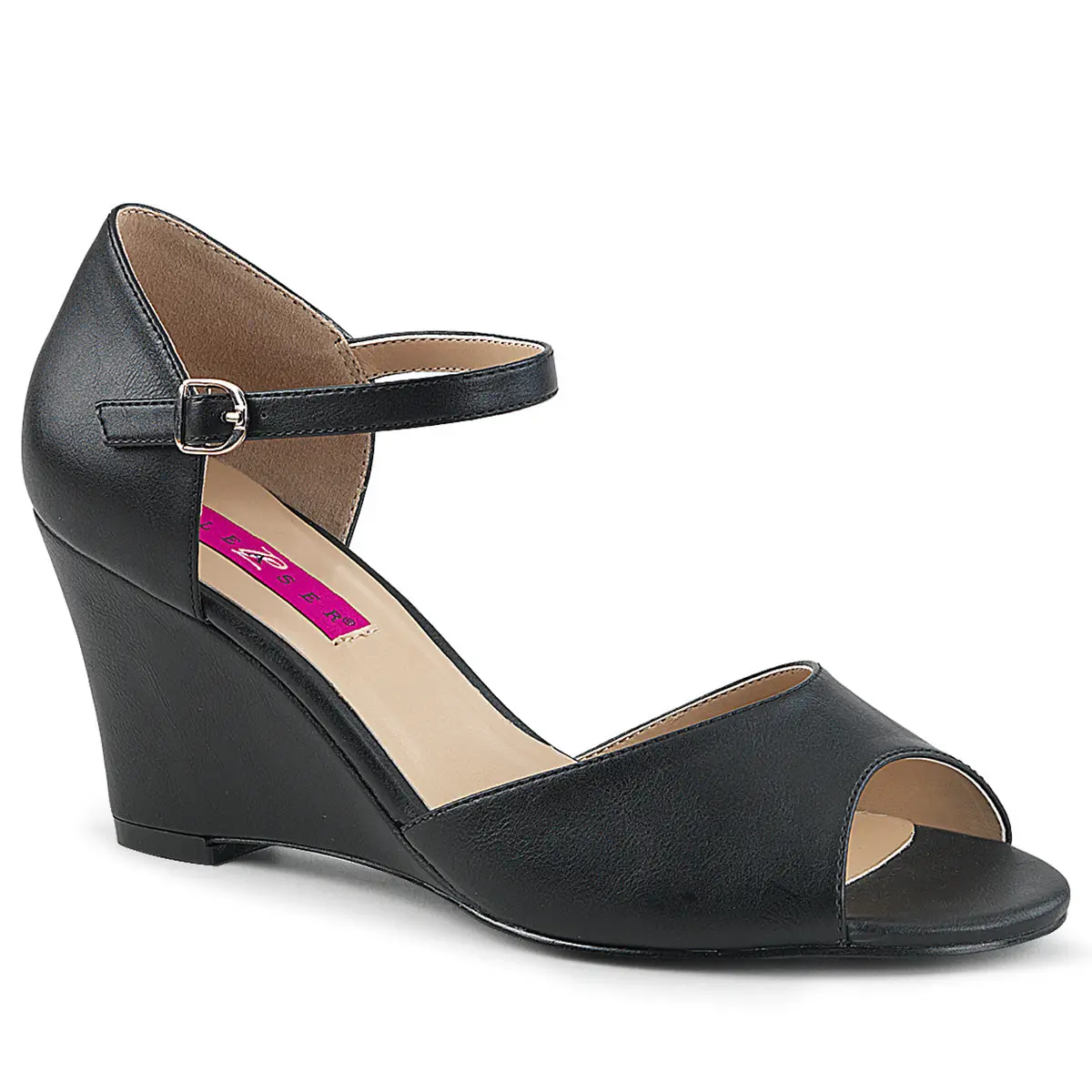 Women's Black Vegan Leather High Heel Wedge Sandals - 3" Wedge Heel, Classy, Elegant, Comfortable Footwear for Casual Daily Use, High Heels