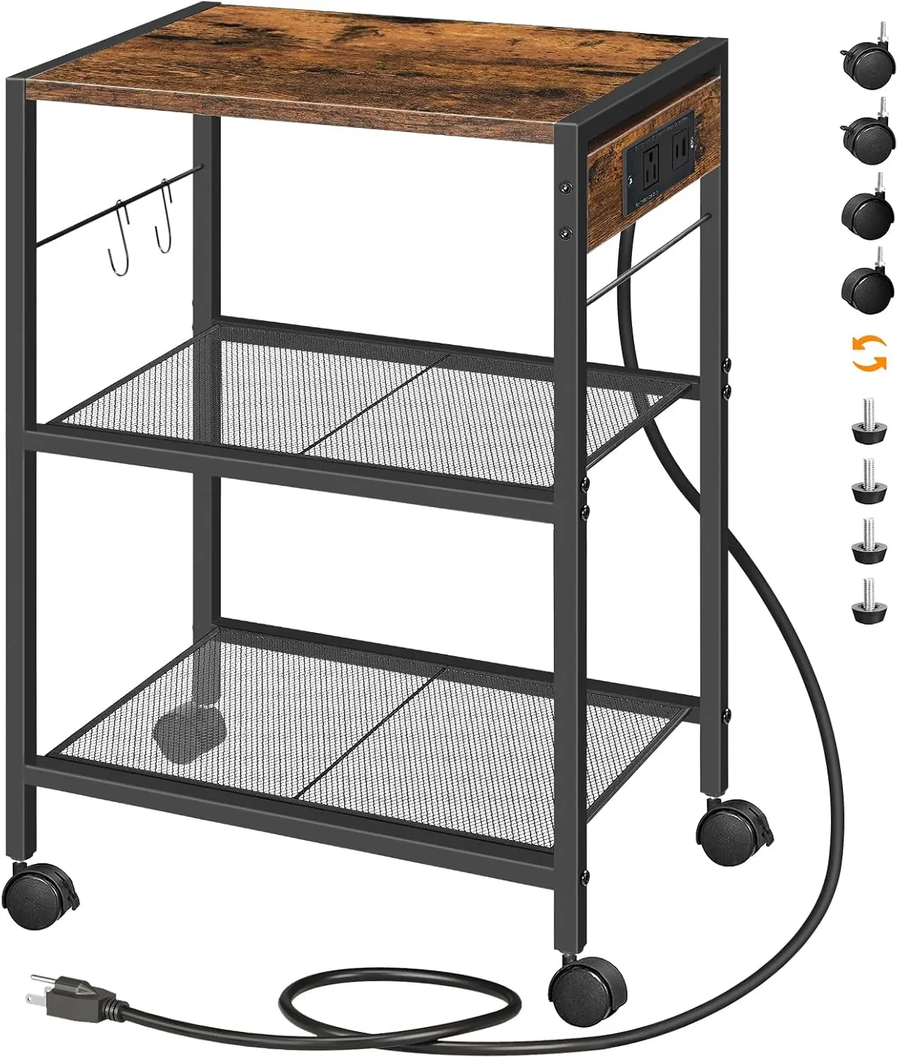Industrial Printer Stand, 3-Tier Mobile Printer Table, Rolling Cart with Power Outlets and USB Ports,  Printer Stand with 2 Hooks, for Office, Living Room, Rustic Brown BF22UPS01