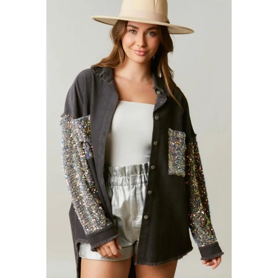 Halfway there Sequin Corduroy Shacket in Charcoal
