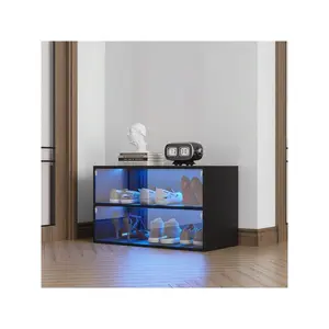 Indoor furniture  Black Glass Door Box Shoe Storage Cabinet With RGB Led Light