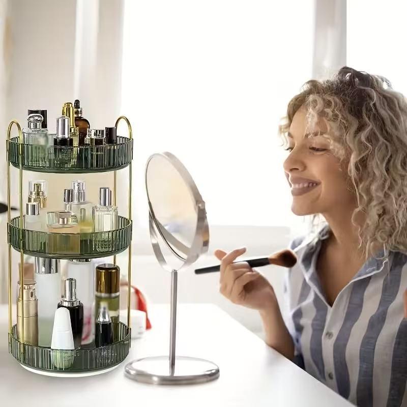 360° rotating makeup organizer, large acrylic cosmetic storage, dustproof & stackable. Perfect for cosmetics, perfumes, skincare and lipsticks. Ideal gift for girls and moms.