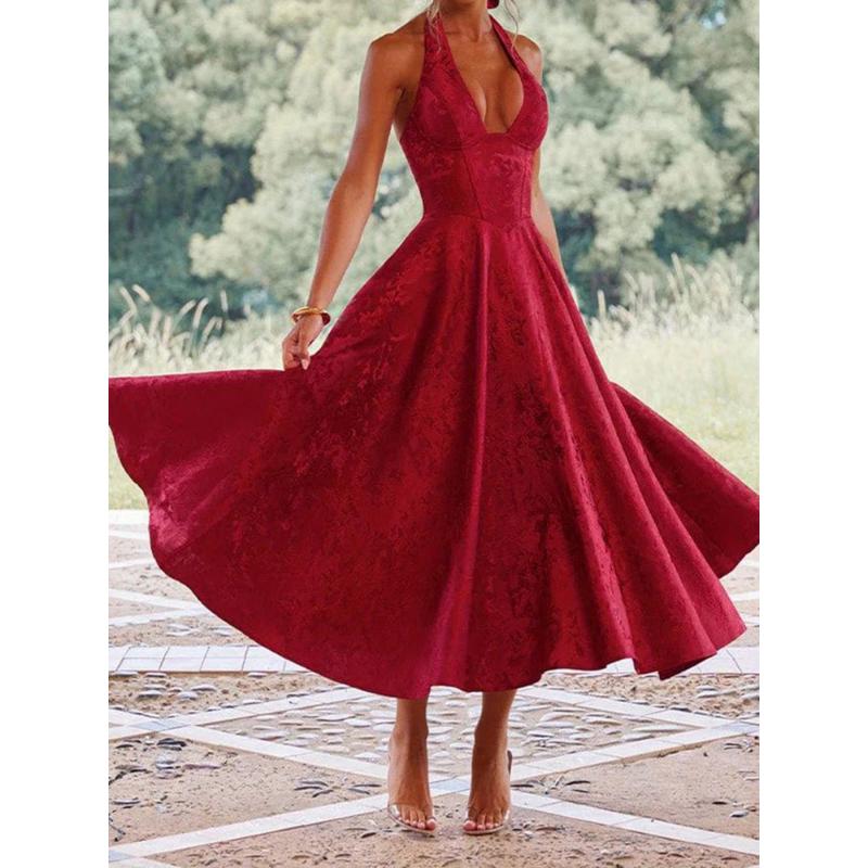 Women'S Elegant Jacquard Halter Neck Sleeveless Open Back A-Line Maxi Dress - Low-Cut Formal Party Evening Gown with Train, Solid White All-Season Evening Dress for Weddings, Proms & Special Occasions, Structured Waist & Flowing Skirt, Year