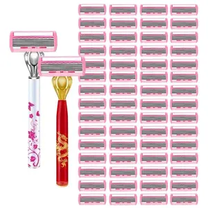 Women's Manual Razor Set, 2 Handles, 6-Blade Shaver, Smooth Shaving, Portable Hair Remover, for Legs, Armpits, Bikini Line Area