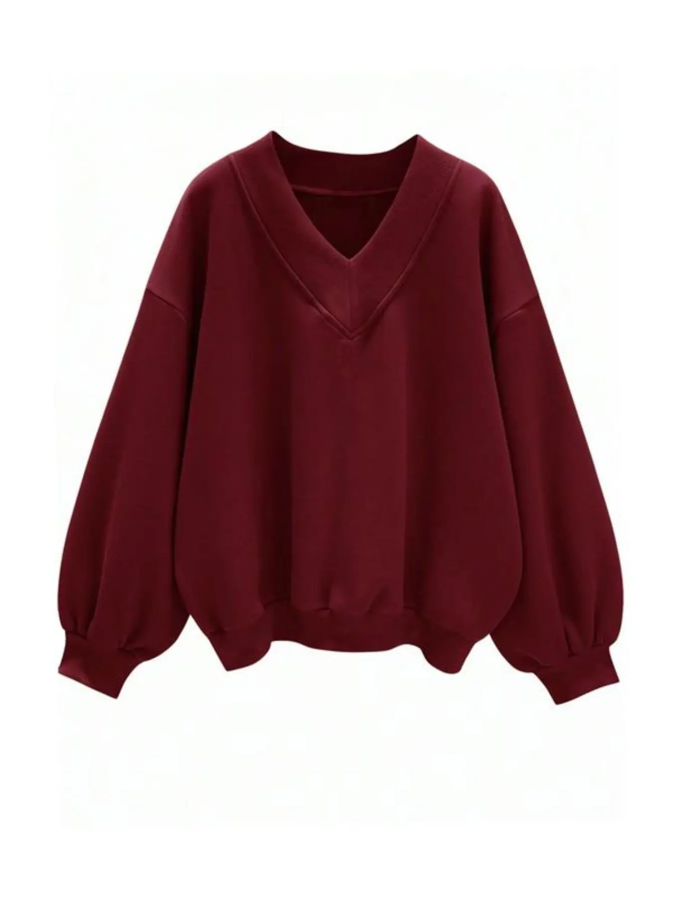 Women's V Neck Wine Basic Pullover Sweatshirt, Casual Campus Fashion & Street Style, Loose-Fitting Comfortable Pullover for Fall & Winter