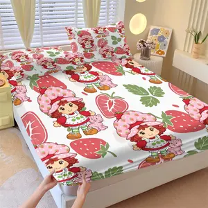 Vintage Cartoon Strawberry Girl Fitted Sheet Set with 2 Pillowcases No Core, Decorative Bedsheet Sets, Soft Non-Slip Wrinkle-Free Sheets, Red Hair Girl Cat & Strawberry Pattern, Farmhouse Childhood Fun Bedroom Decor Gift Choice