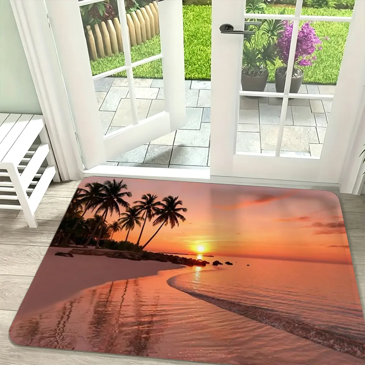 Sunset Beach Flannel Floor Mat, Tropical Palm Tree Ocean Wave Area Rug, Soft Decorative Carpet for Bedroom Living Room Bathroom Entryway Home Decor, Non Slip Floor Mat, 16x24in & 20x32in