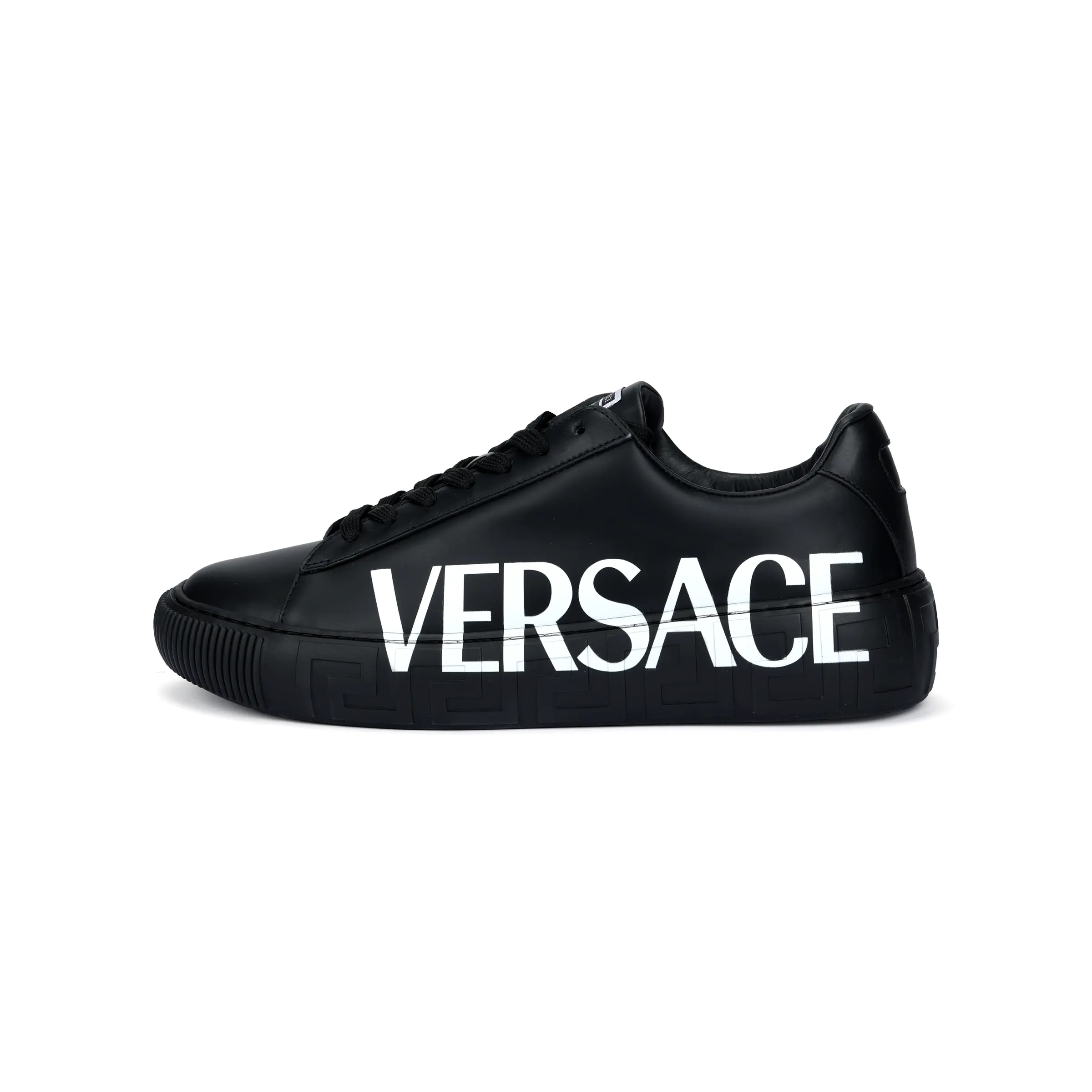 Men's VERSACE Black Leather Greek Key Logo Low-Top Casual Footwear, Official Maison Mihara Verifiable Sneakers with Credentials & Global Authentication Support