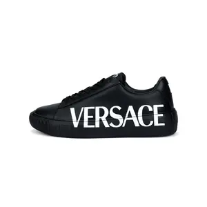 VERSACE Leather Greek Key Logo Low-Top Fashion Sneakers for Men in Black Trending Shoes, House White Official Shoes to Get / Maison Mihara Verifiable, with credentials and supporting global authentication