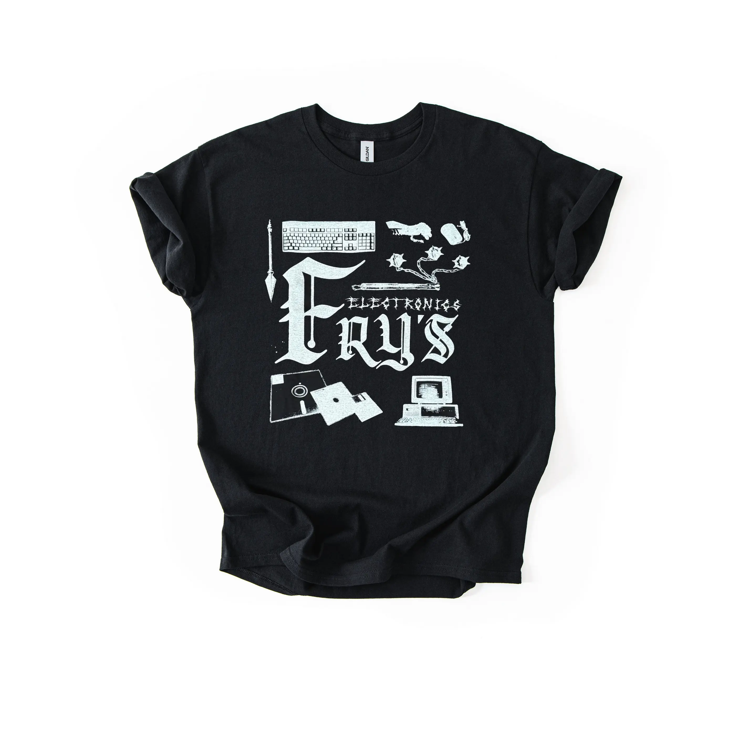 Ye Old Fry’s Electronics on black unisex t-shirt