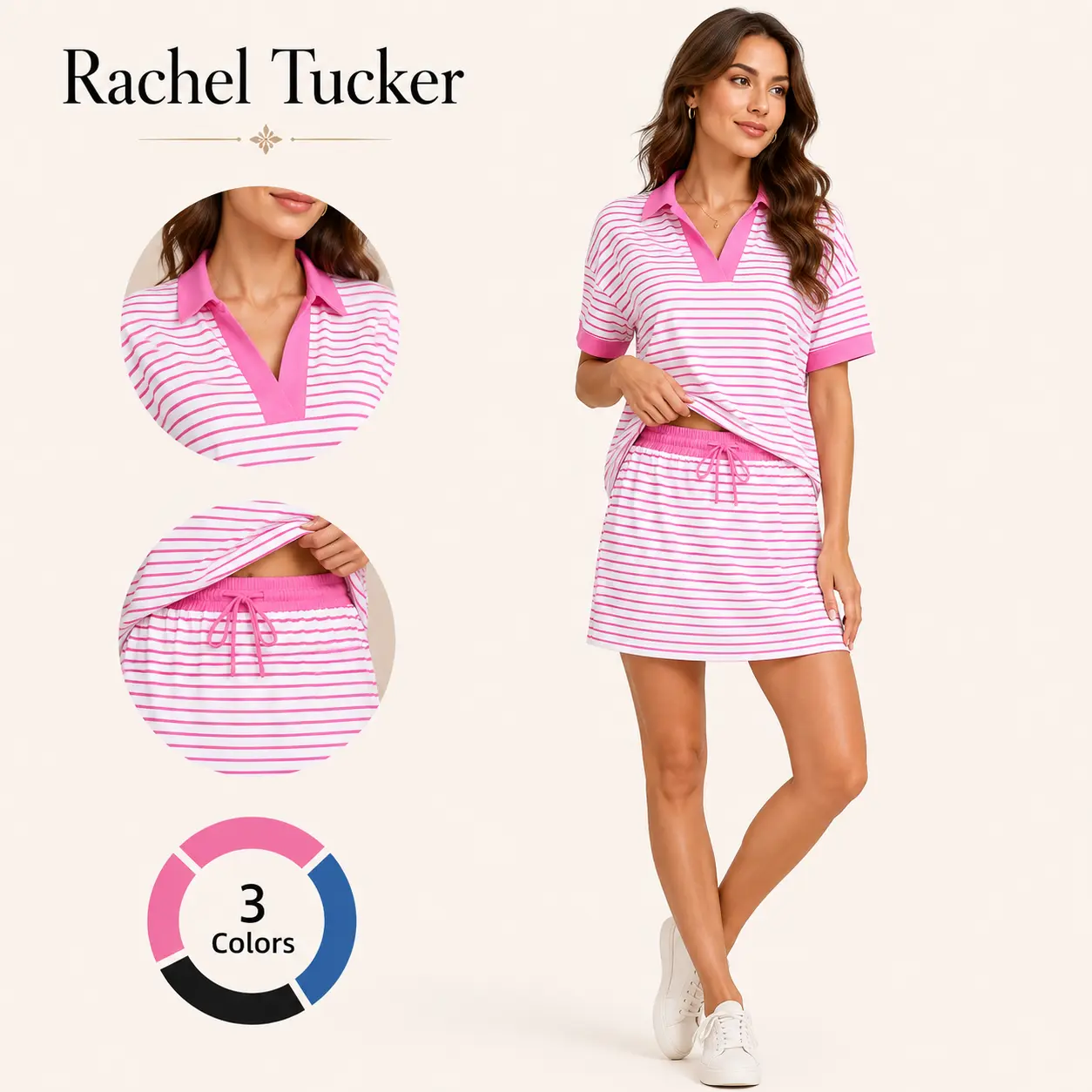Rachel Tucker Women's Striped 2 Piece Skort Set, V-Neck Top & Skort, Side Pockets, Elastic Waist, Lounge Sets for Athleisure, Busy Days, Daily Casual Wear, Summervibes, Fashion
