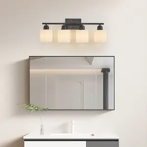 Black Bathroom Light Fixtures, 4-Light Modern Vanity Light Over Mior, Wall Sconces with Milky White Frosted Glass Shades, E26 Socket (Bulbs Not Included)