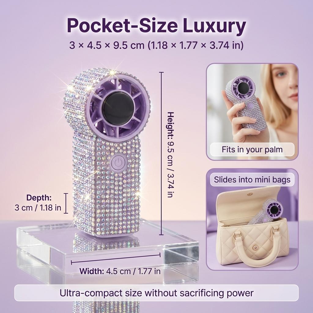Portable Handheld Mini Fan, Bling Rhinestone, 17000RPM High Speed Personal Cooling Fan, 2400mAh Rechargeable Battery 6-18H Runtime, USB-C Fast Charge, Pocket Size for Wedding, Travel, Commute, Outdoor, Summer Gift