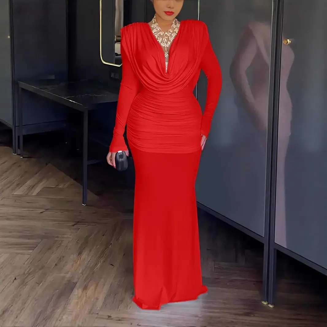 Women's Cowl Neck Backless Maxi Dress | Ruched Cinched Waist Padded  Shoulders Slim Fit Dress - TikTok Shop