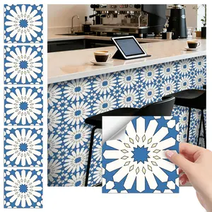 24PCS/Box FHZ Classic Art Tile Stickers | Retro Moroccan Blue-White Geometric Pattern Matte PET | Peel & Stick Waterproof Oil-Proof Kitchen Backsplash Decor