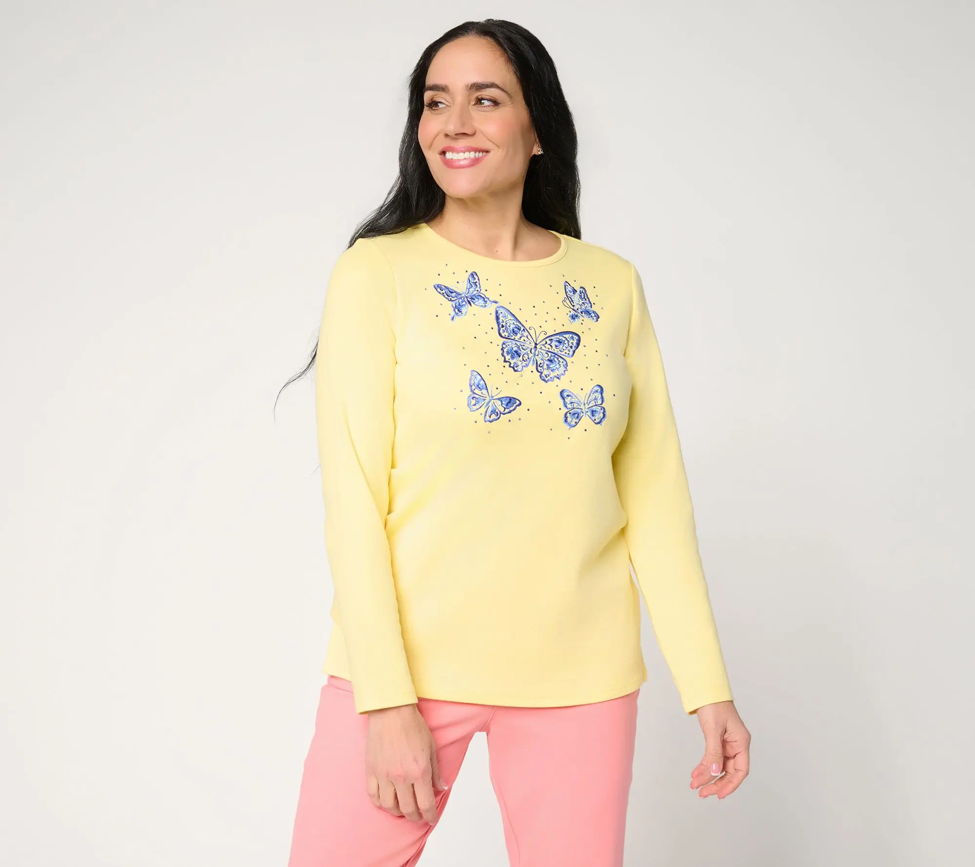 Quacker Factory Chinoiserie Butterflies Long Sleeve Top