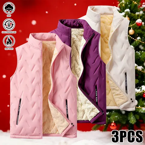 Women’s Comfortable Fleece Vest – 3-Piece Set, Sleeveless, Thick and Warm.Stand collar design, full zipper closure, side pockets.Perfect for autumn and winter, home wear, travel, or casual wear. 100% polyester fiber.