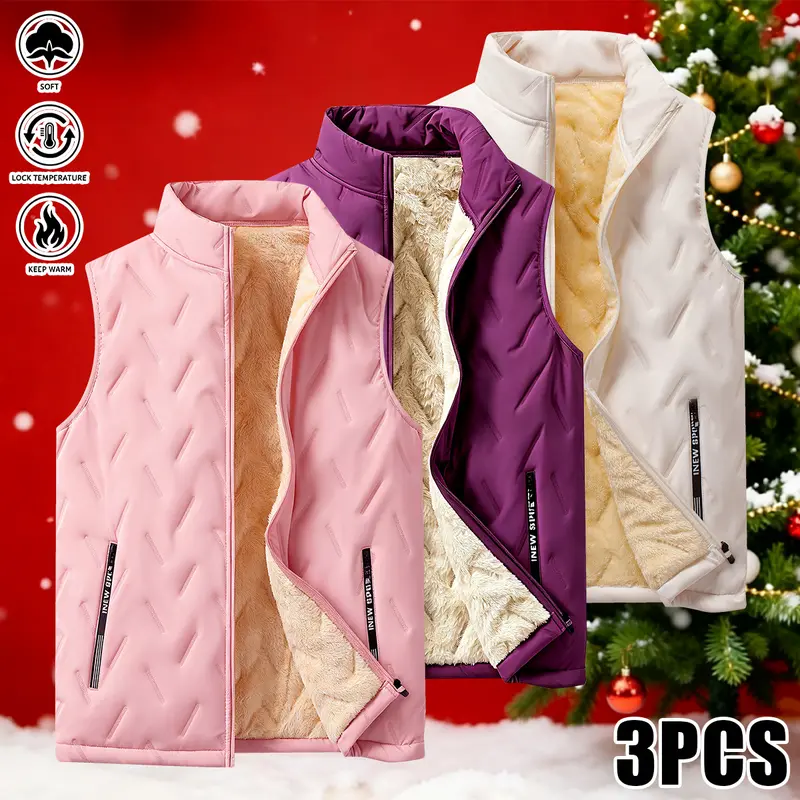 Women’s Comfortable Fleece Vest – 3-Piece Set, Sleeveless, Thick and Warm.Stand collar design, full zipper closure, side pockets.Perfect for autumn and winter, home wear, travel, or casual wear. 100% polyester fiber.