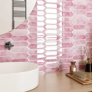 17-Sheet Peel and Stick Tile Backsplash Self Wall Tiles for Waterproof Pink Marble Long Hexagon Stick on Backsplash for RV Laundry Room Easy to Install 12x12 inch