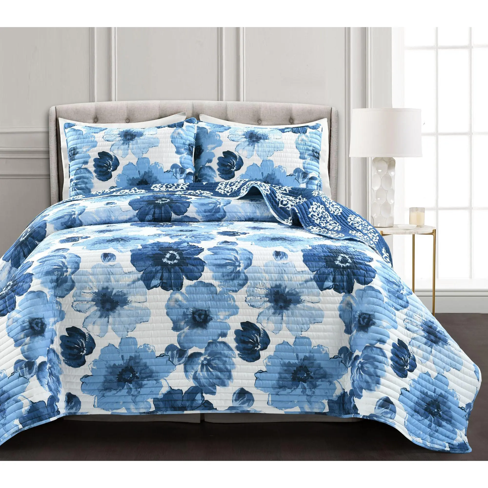 Lush Decor Leah Reversible Quilt Navy/White 3PcSet FL/QN