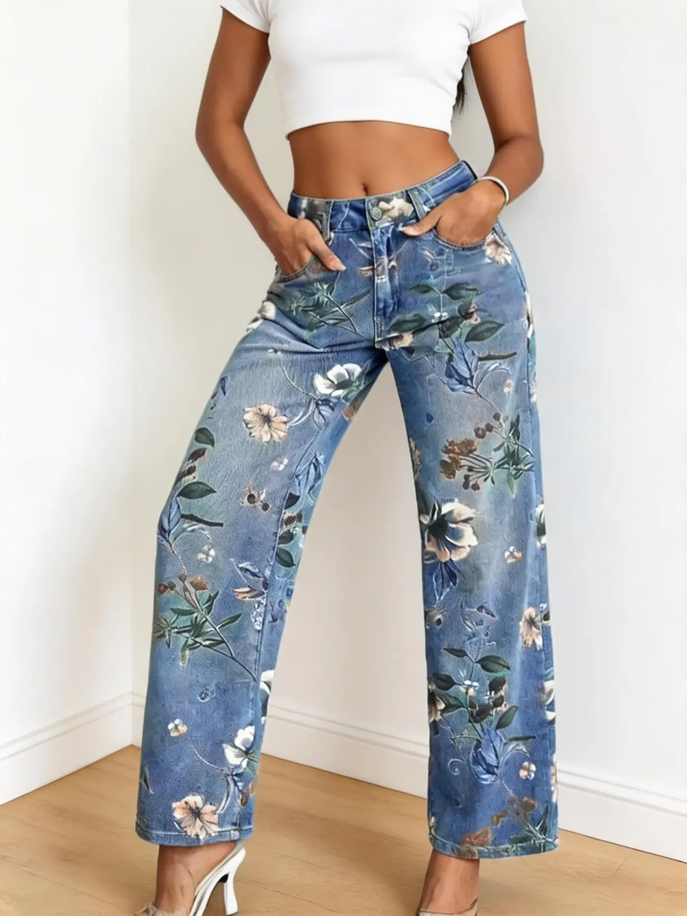 Women's Floral Denim Flattering Jeans, Soft Fitted Straight Leg Blue Pants, Casual Elegant Chic Design for Spring Summer, All Seasons Wear Womenswear Elegance