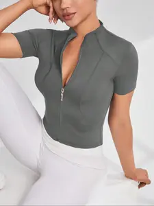 Women's Zipper Short Sleeve Top, Tight Fit Bare Skin Feel Yoga T-Shirt, Perfect for Workouts and Casual Wear