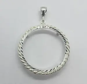Sterling Silver 2 oz Pancho Villa Rope Bezel 47 mm Coins Prong Back Diamond Cut