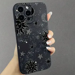 Star & Moon Pattern Phone Case, Anti-drop Cellphone Protective Case, Total Protective Shockproof Mobile Phone Cover for iPhone 16 15 14 13 12 11 Pro Max Protector Screen Protector Smartphone Black