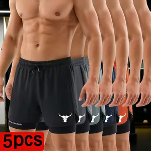 5-pack men’s quick-dry athletic shorts with a faux two-piece design, double-layer anti-exposure protection, ice silk breathable quick-dry fabric, available in multiple colors, suitable for summer gym workouts and running training. Men's Casual cargo summe