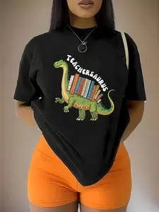 Women'S "Teachersaurus" Dinosaur Graphic T-Shirt - Casual Oversized Crew Neck Short Sleeve Top, Black with Colorful Dinosaur & Book Print, Perfect for Everyday Wear or Teacher Gifts, Everyday Tshirt| Playful Graphic Tee| Oversized Tee