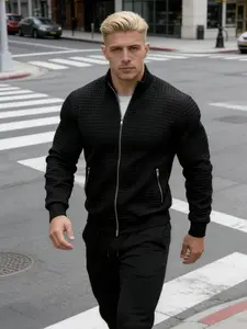 New Small Grid Stand Collar Jacket, Loose Fit Men's Zipper Casual Outerwear, Stylish and Comfortable, Perfect for Daily Wear