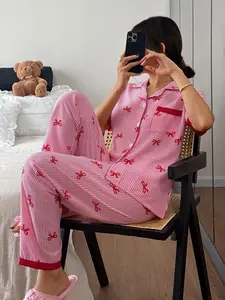 Women's Striped Bow Tie Sleepwear Set, Pajama Set, Loungewear, Pyjamas, Pjs, Short Sleeve Cardigan and Elastic Waist Pants, Comfortable Casual Home Wear All Seasons, Homewear