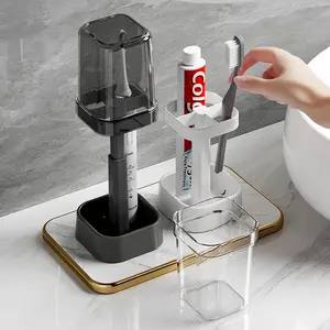 Toothbrush Holder with Cup/Cover, 3 Slots Toothpaste Holder Stand for Bathroom Countertop Plastic Storage Organizer for Toothbrushes, Electric Toothbrushes (White & Black)