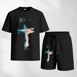 Men's Jesus Cross Christian 2 Piece Outfit Faith Graphic T Shirt and Shorts Set Religious Streetwear Summer Casual Athletic Tracksuit Breathable Textured Fabric Elastic Waist Shorts Christian Gift Gym Lounge Street Style