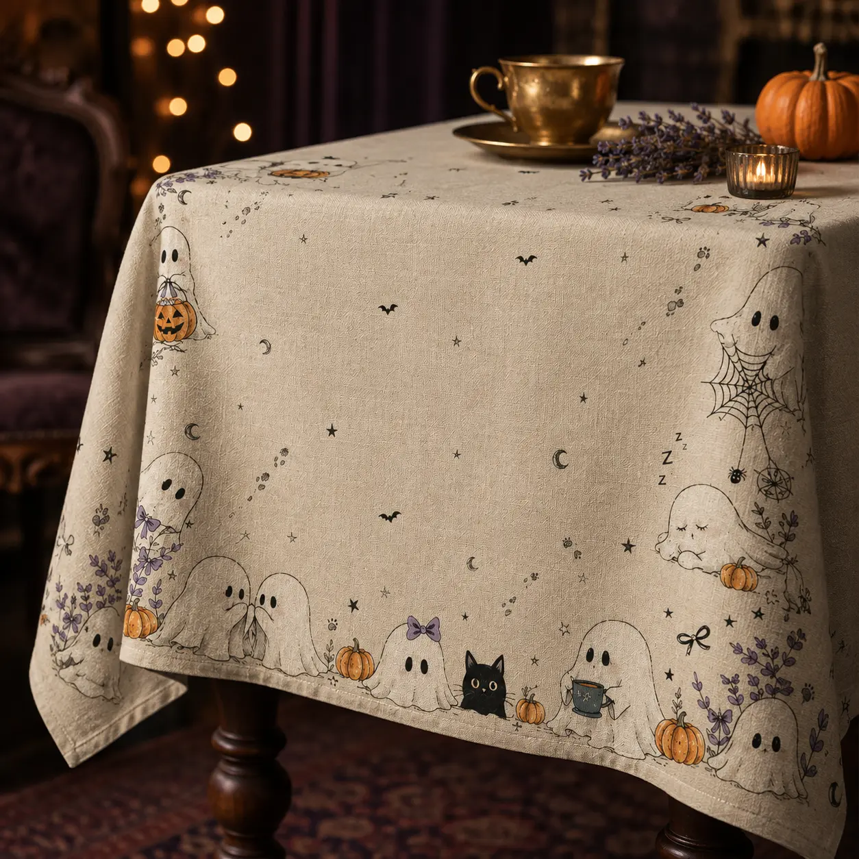 Cute Ghost Halloween Tablecloth, Black Cat, Pumpkin & Lavender Border Print, 100% Polyester Rectangle Table Cover for Kitchen, Dining Room, Fall Party & Spooky Season Decor