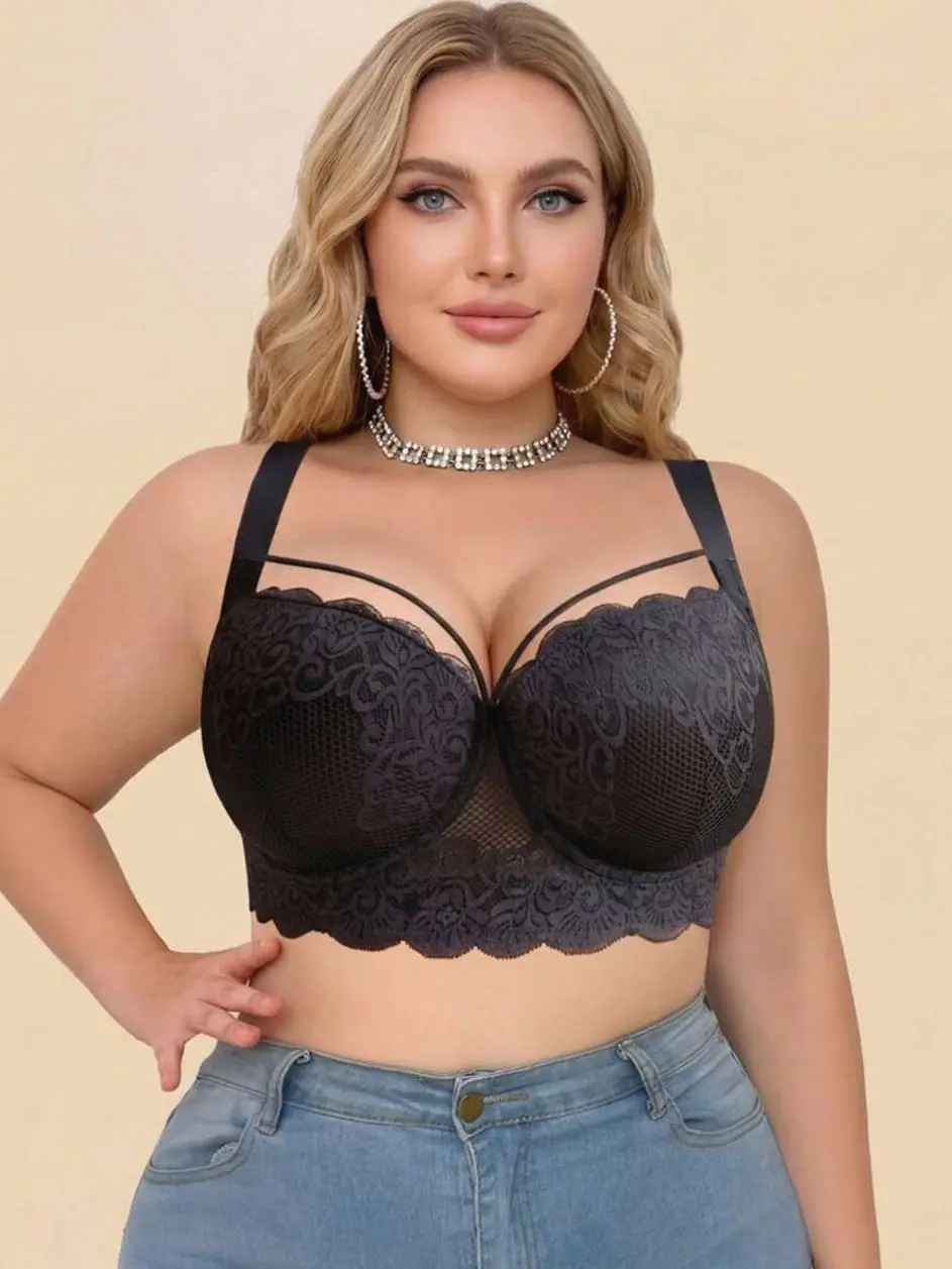 Plus Size Lace Underwire Bra, Side Support Wide Straps Full Coverage Comfort