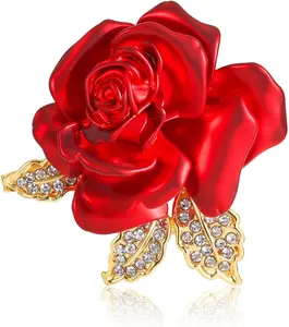Rose Flower Brooch Pin for Women Girls, Creative 3D Floral Dainty Dress Accessories, Crystal Red Rose Flower Brooch Pins for Party Dance, Wedding, Banquet, Gift