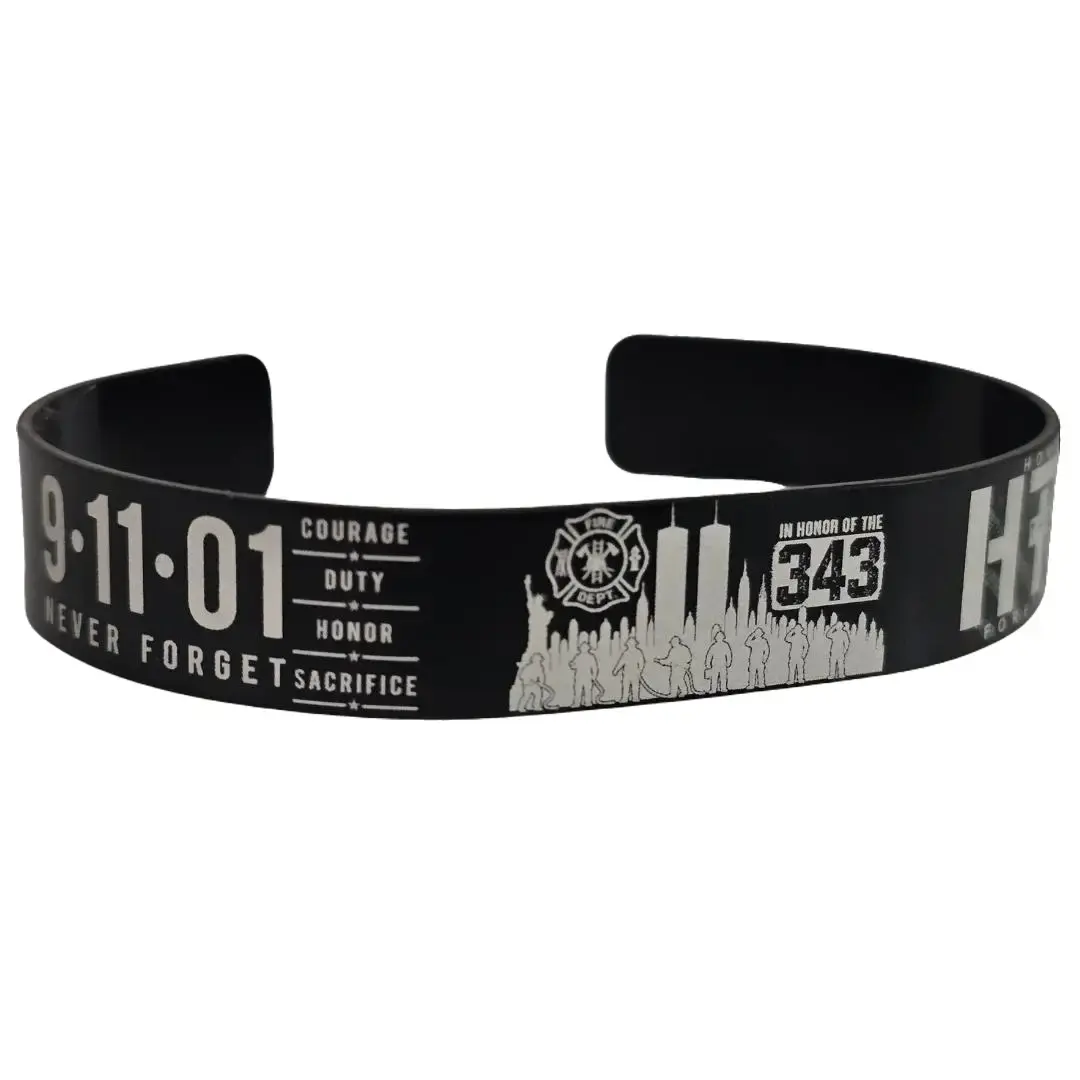 9-11-01 Never Forget Cuff Bracelet with 343 Honor Design and Firefighter Motifs for Memorial Wristwear