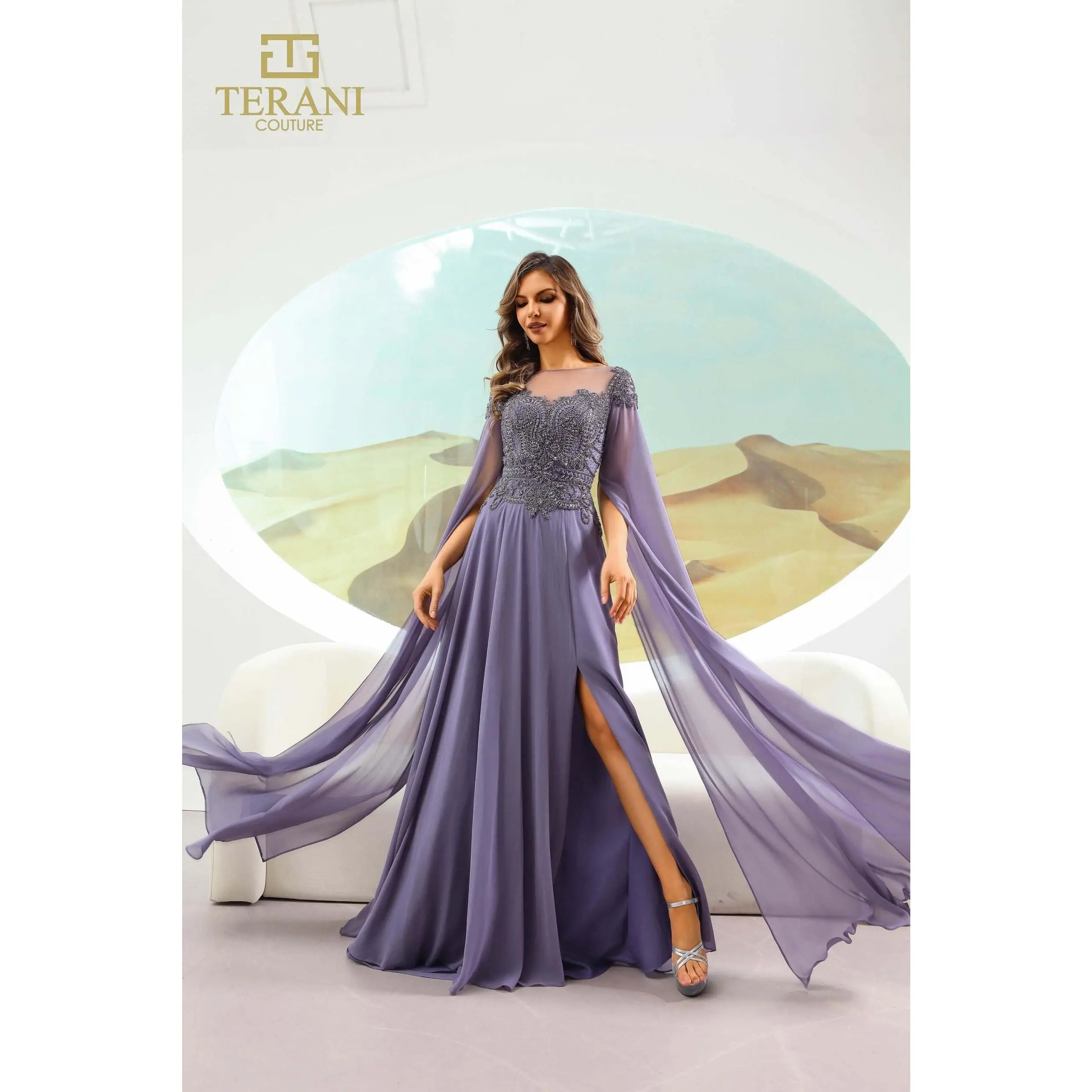 Illusion Neck Blueberry A-line Chiffon Long Dress